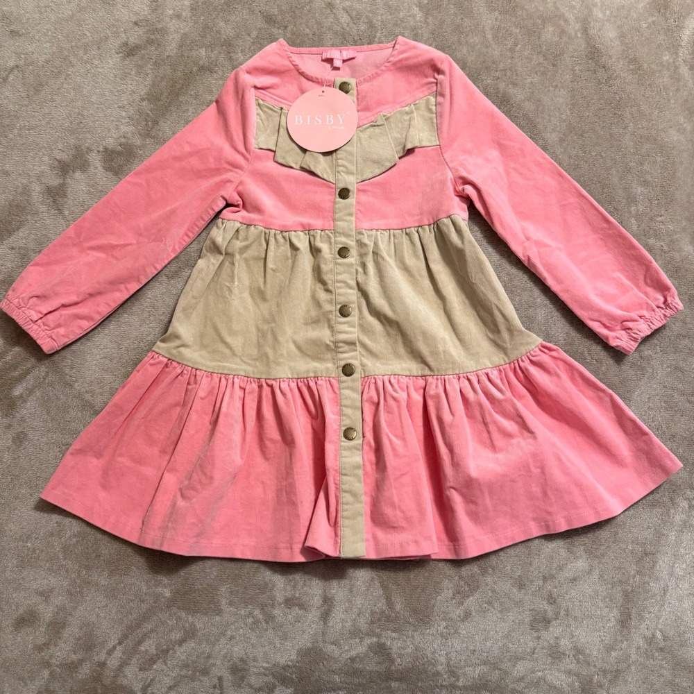 BISBY Kids Pink Tan Corduroy Colorblock Ruffle Button Front Dress Size 6 NWT